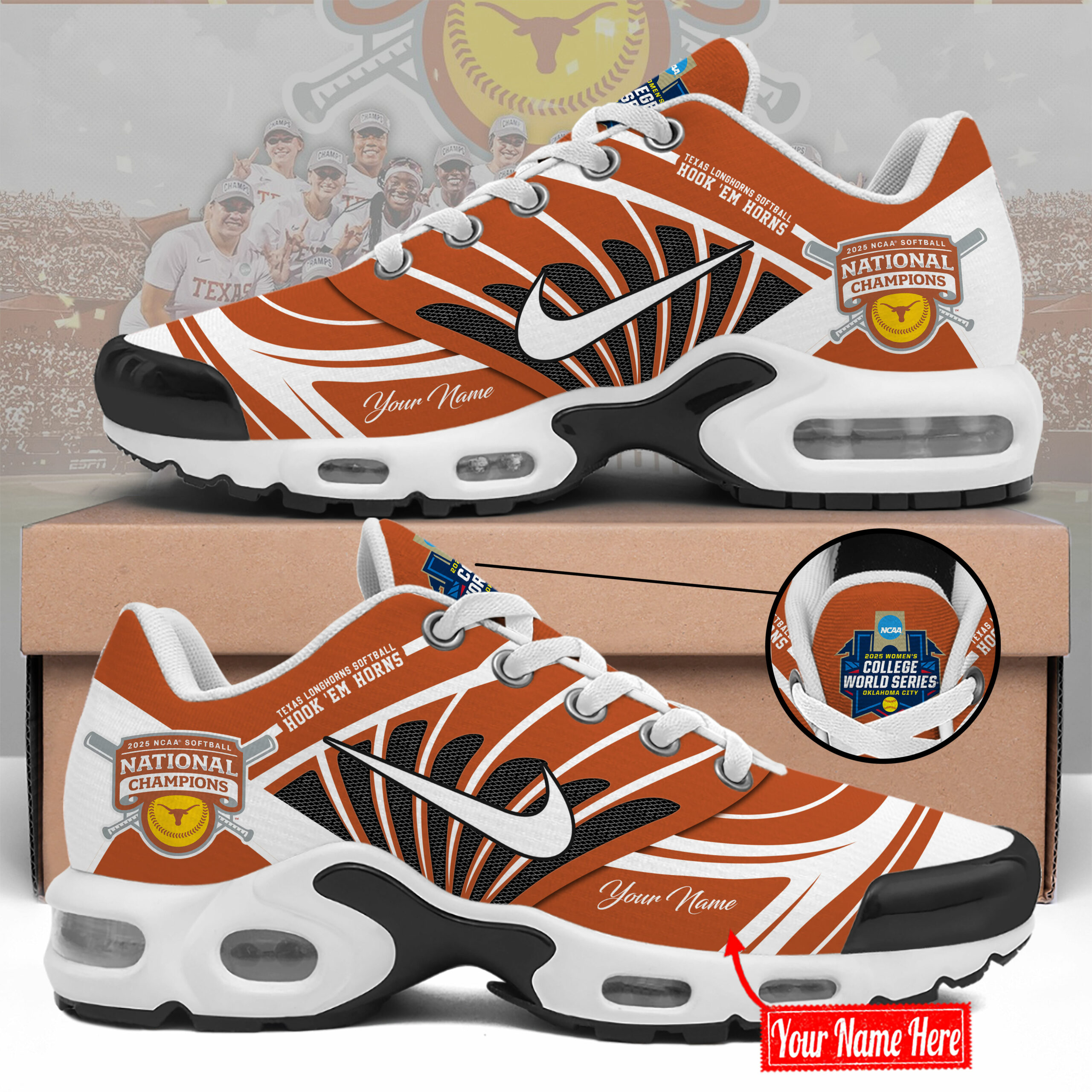 Texas Longhorns Softball National Champions 2025 "Hook em Horn" Air Max Shoes Texas Longhorns Softball National Champions 2025 "Hook em Horn" Air Max Shoes