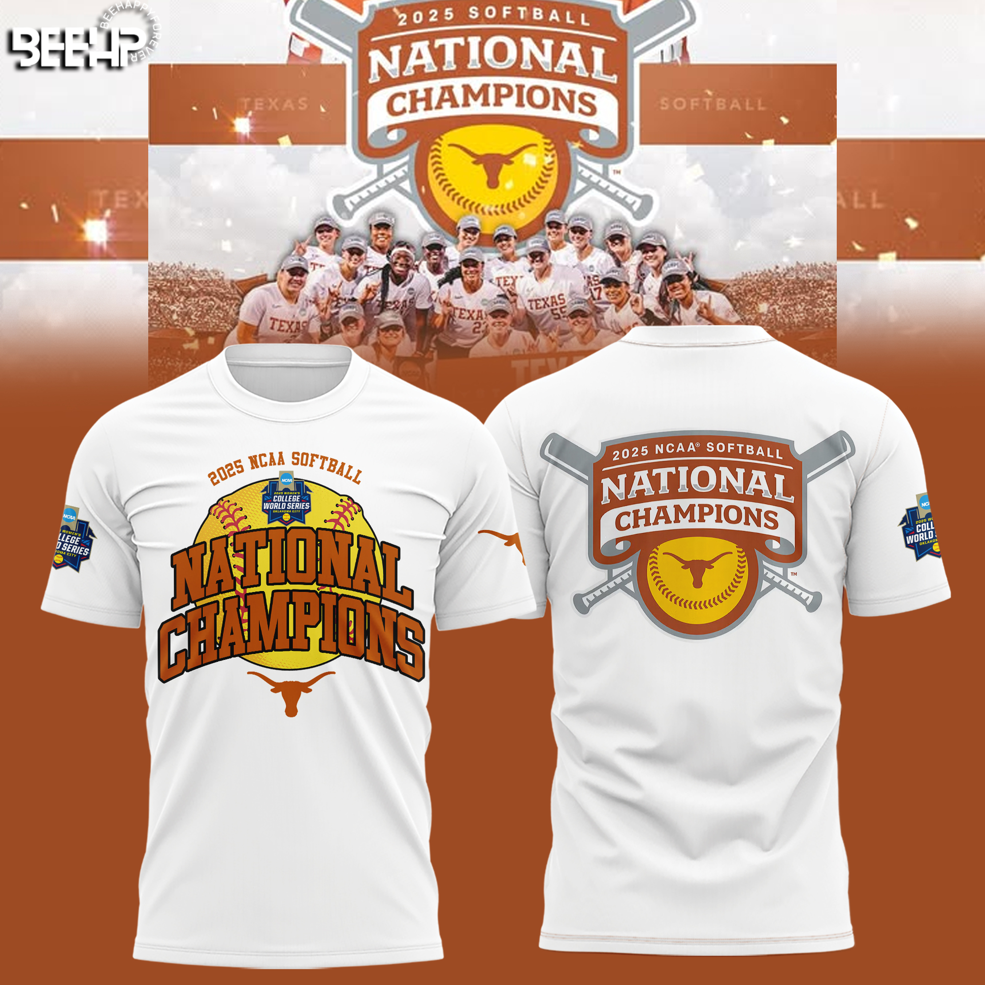 Texas Longhorns Softball National Champions 2025 "Hook em Horn" White Shirt Texas Longhorns Softball National Champions 2025 "Hook em Horn" White Shirt
