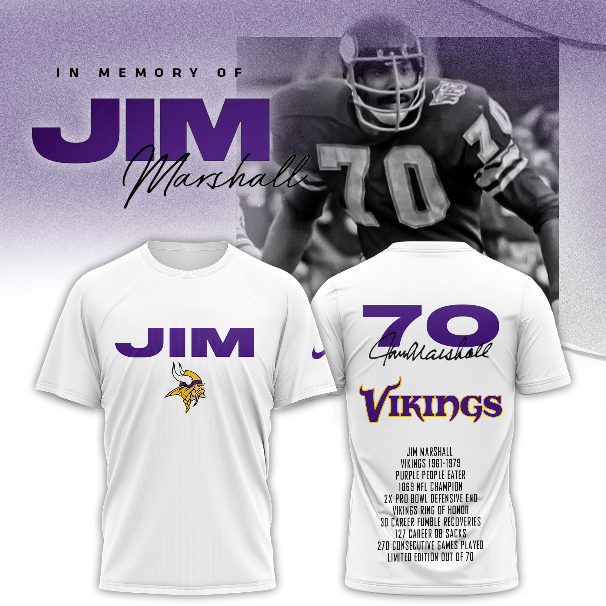 Minnesota Vikings In Memory of Jim Marshall Special White Tee Minnesota Vikings In Memory of Jim Marshall Special White Tee