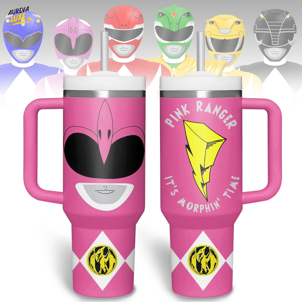 Power Rangers "It's Morphin' Time" Special Pink Tumbler 40oz with Handle Power Rangers "It's Morphin' Time" Special Pink Tumbler 40oz with Handle