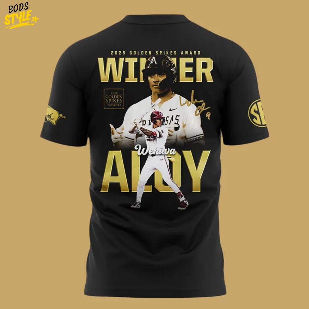 Arkansas Razorbacks Wehiwa Kapahulehua Aloy 2025 Golden Spikes Award Winner T-shirt Arkansas Razorbacks Wehiwa Kapahulehua Aloy 2025 Golden Spikes Award Winner T-shirt