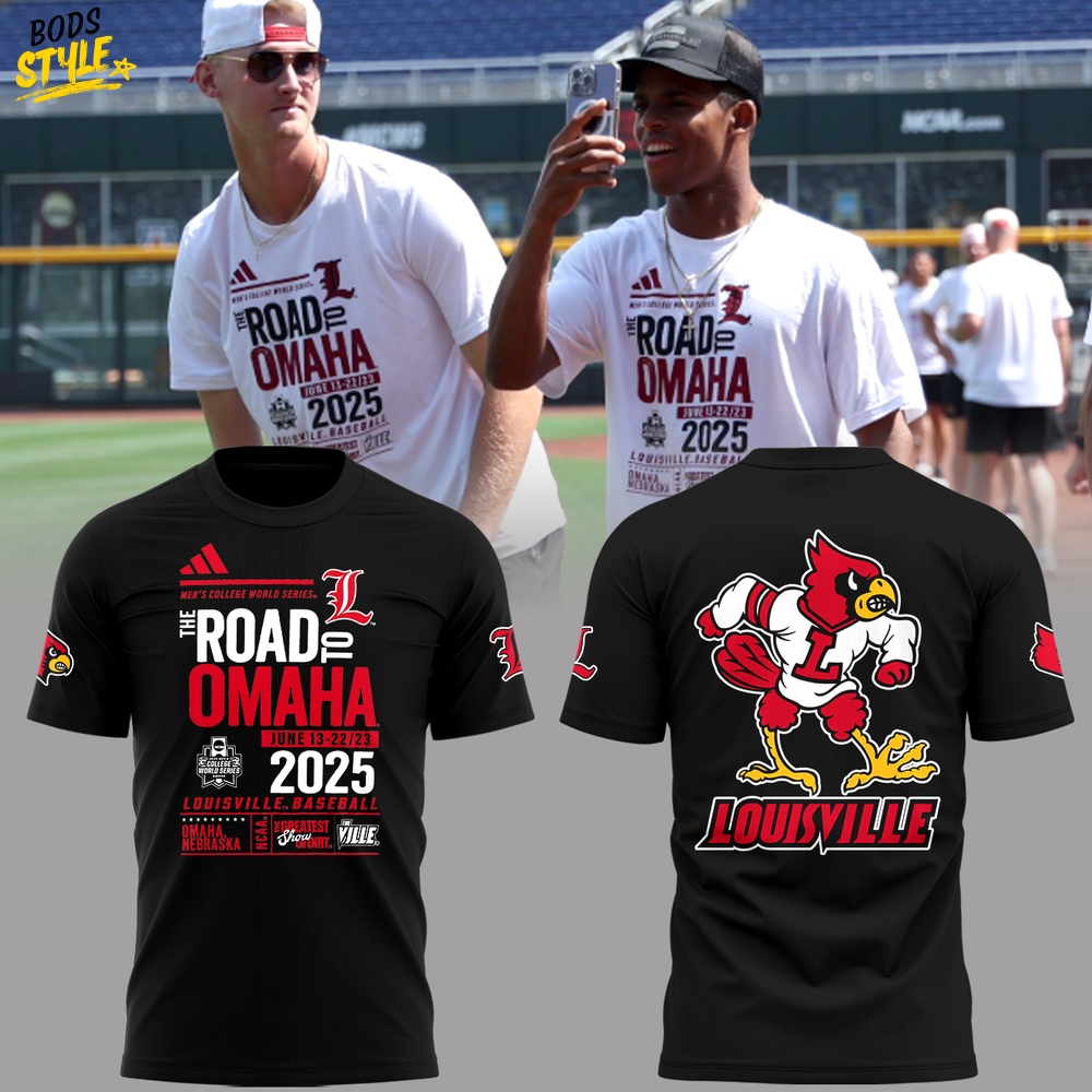 Louisville Cardinals "The Road To OMAHA 2025" Black Tee Louisville Cardinals "The Road To OMAHA 2025" Black Tee