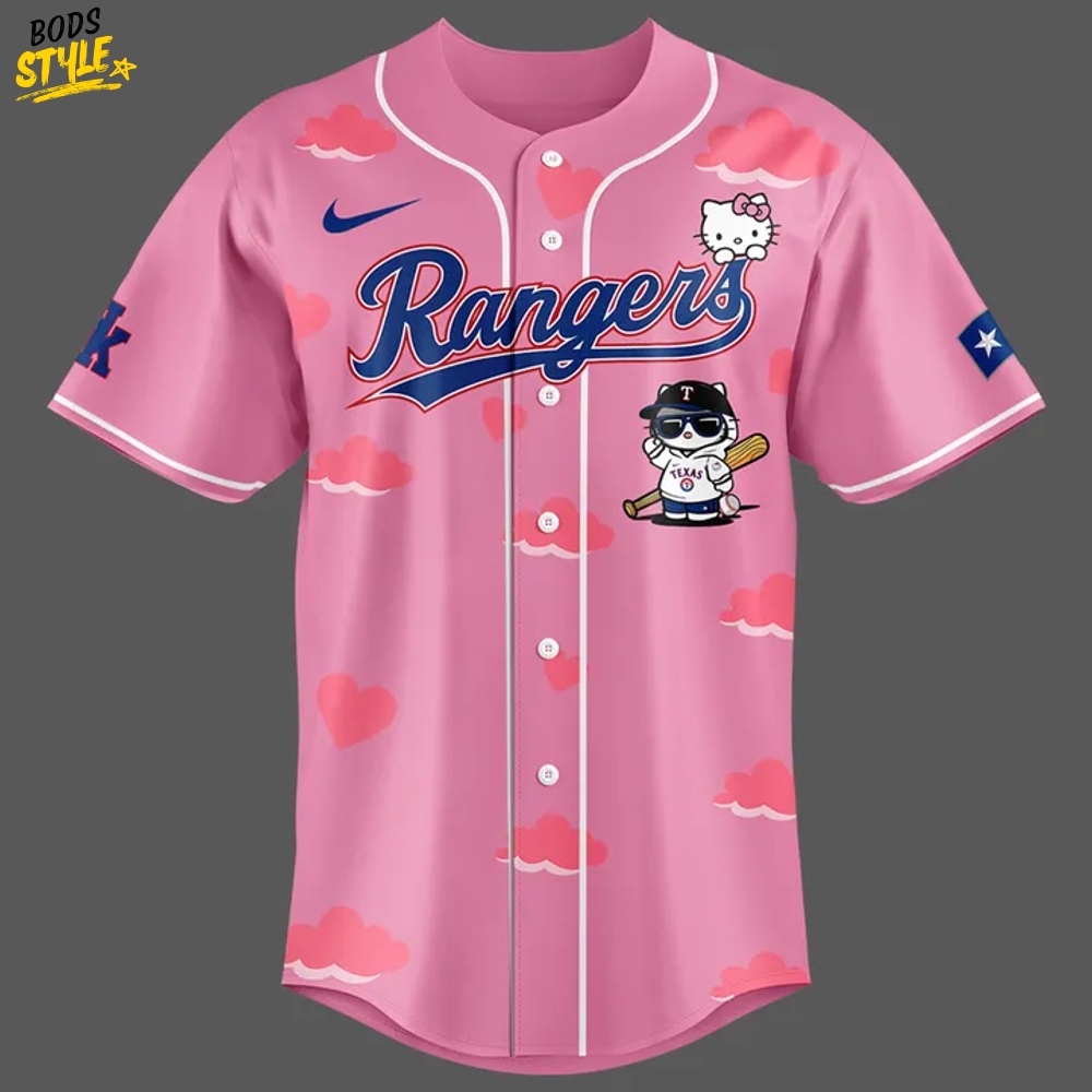 Texas Rangers x Hello Kitty Night Pink Baseball Jersey Texas Rangers x Hello Kitty Night Pink Baseball Jersey