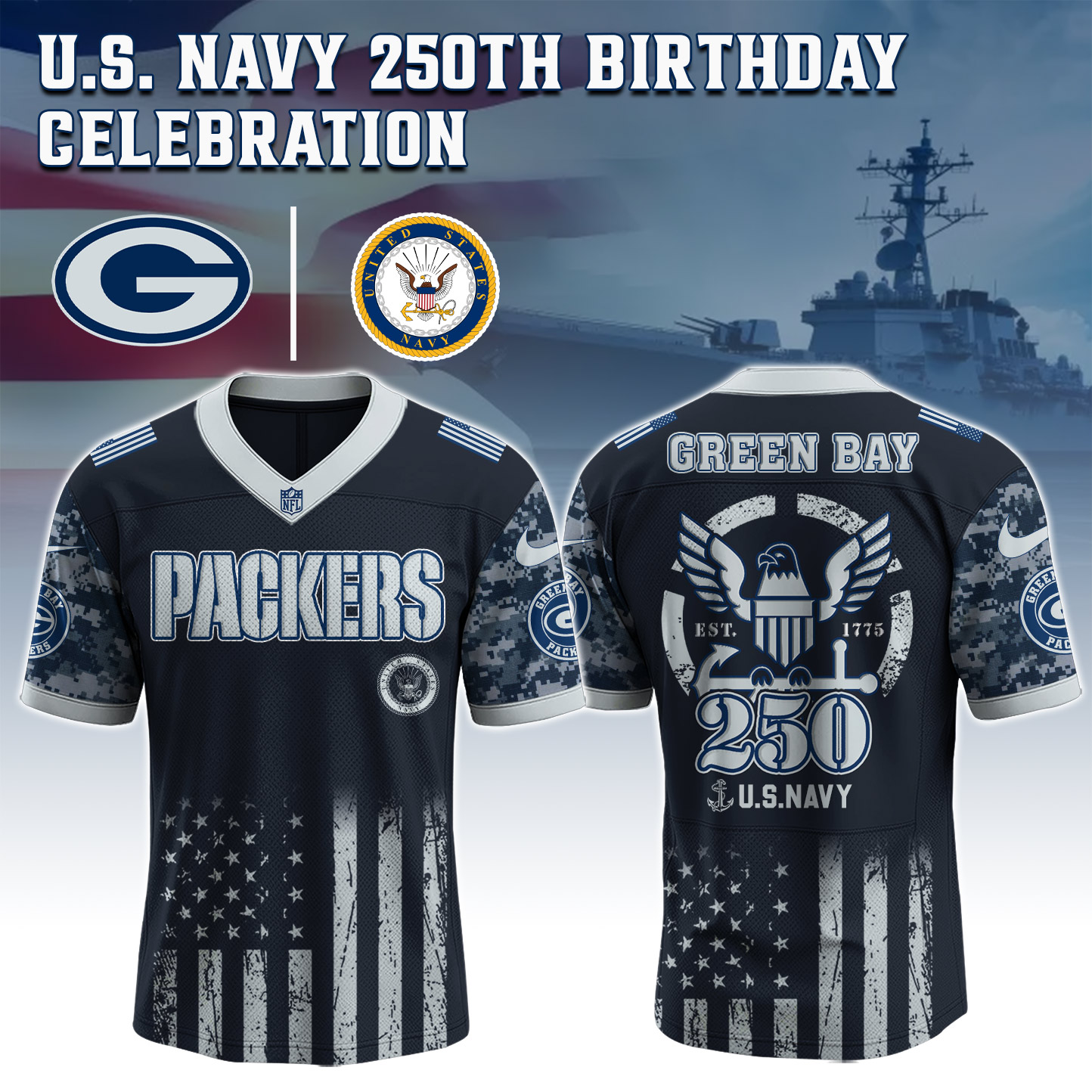 Green Bay Packers NFL x 250 U.S. Navy 250th Birthday Celebration Jersey Green Bay Packers NFL x 250 U.S. Navy 250th Birthday Celebration Jersey