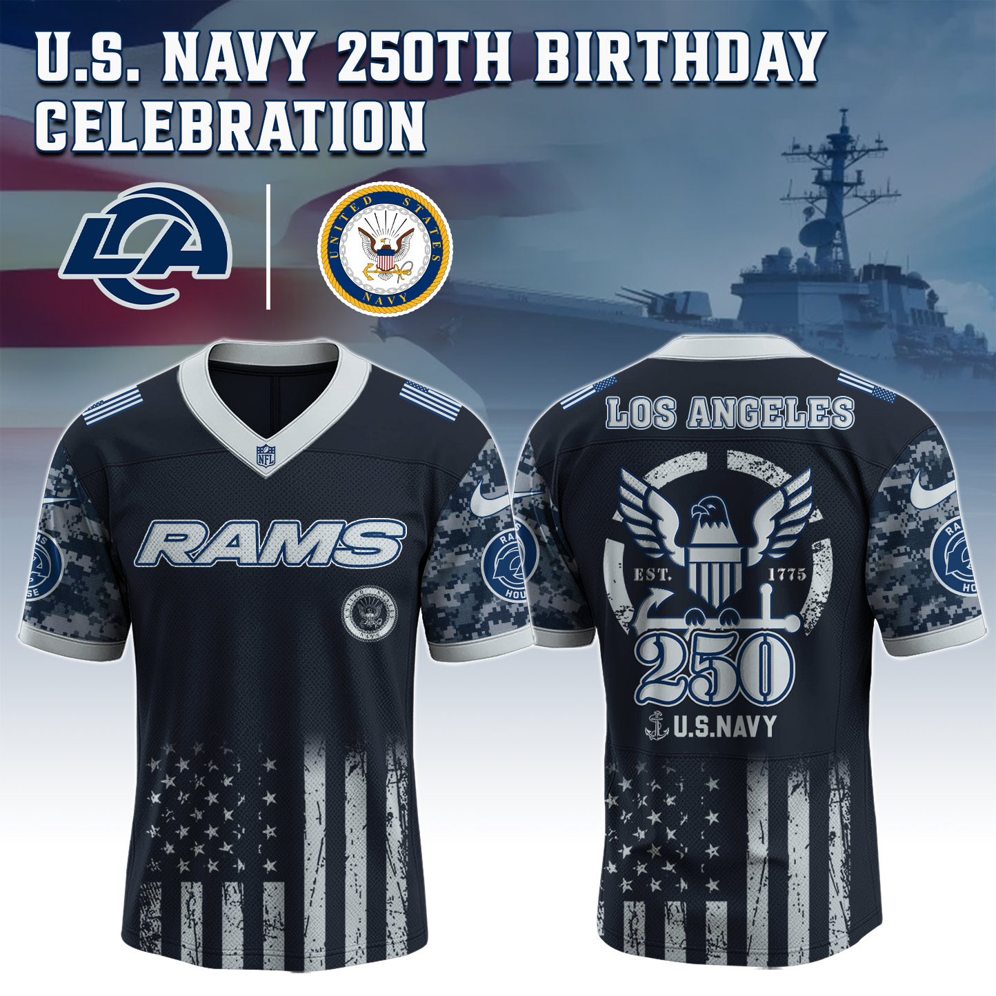 Los Angeles Rams NFL x 250 U.S. Navy 250th Birthday Celebration Jersey Los Angeles Rams NFL x 250 U.S. Navy 250th Birthday Celebration Jersey