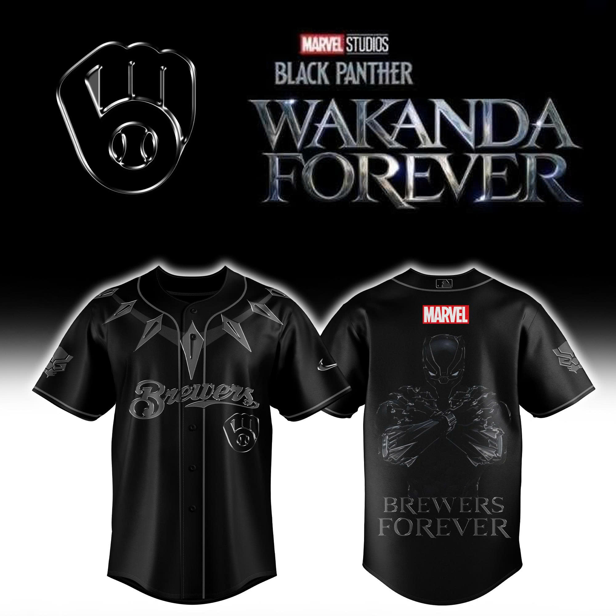 Milwaukee Brewers x Black Panther "Wakanda Forever" Special Baseball Jersey Milwaukee Brewers x Black Panther "Wakanda Forever" Special Baseball Jersey