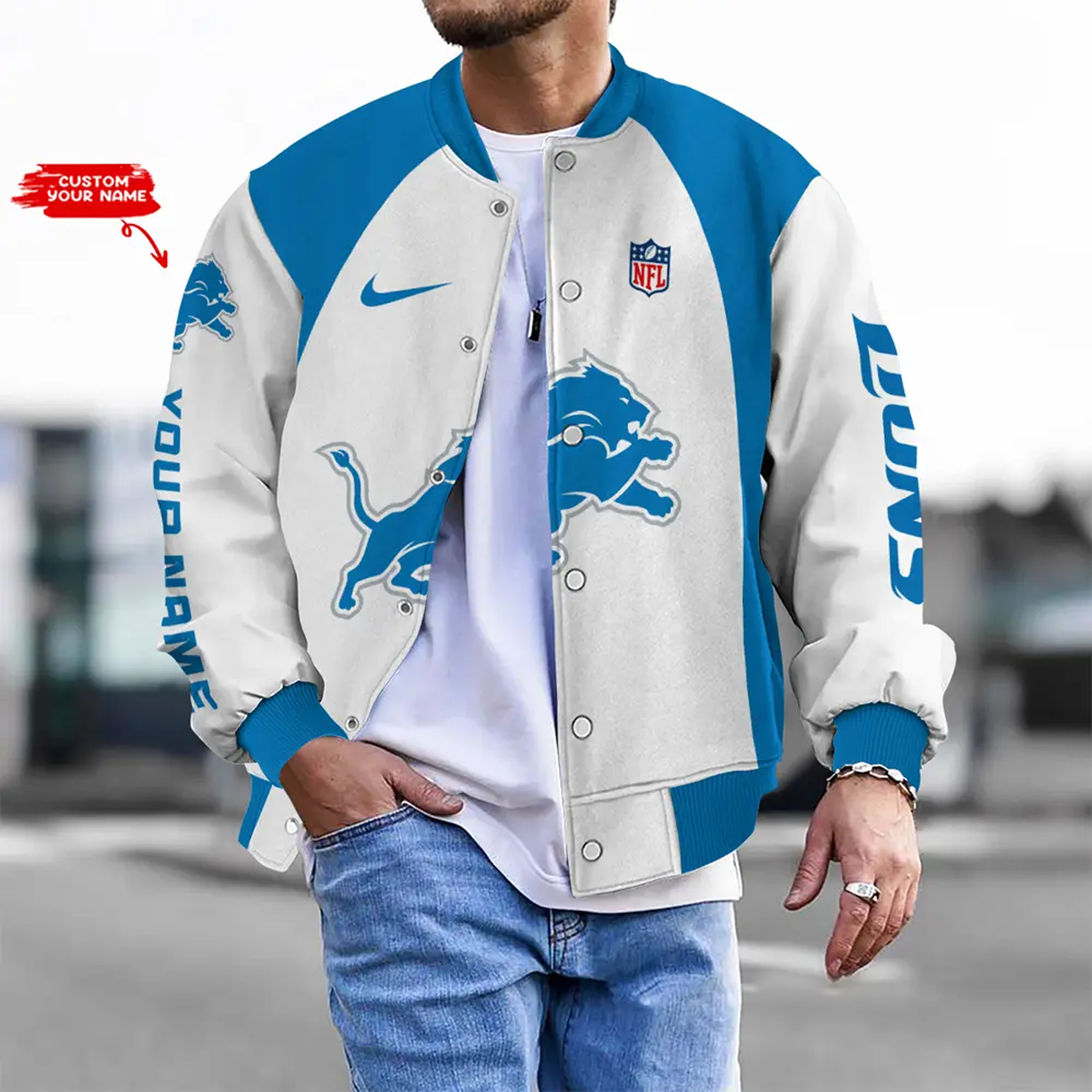 Nfl Detroit Lions Bomber Jacket Button Down Baseball Varsity Nfl Detroit Lions Bomber Jacket Button Down Baseball Varsity