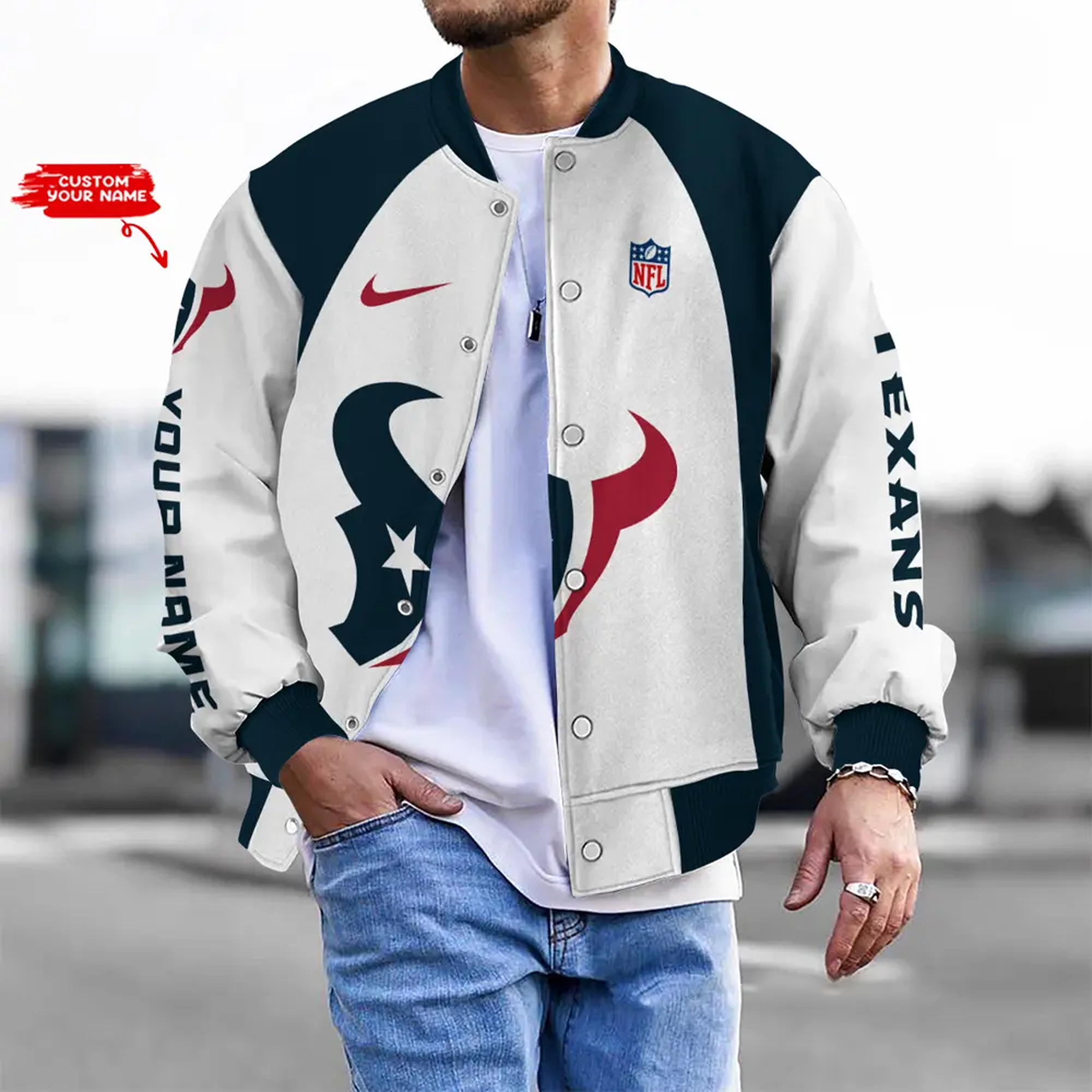 Nfl Houston Texans Bomber Jacket Button Down Baseball Varsity Nfl Houston Texans Bomber Jacket Button Down Baseball Varsity