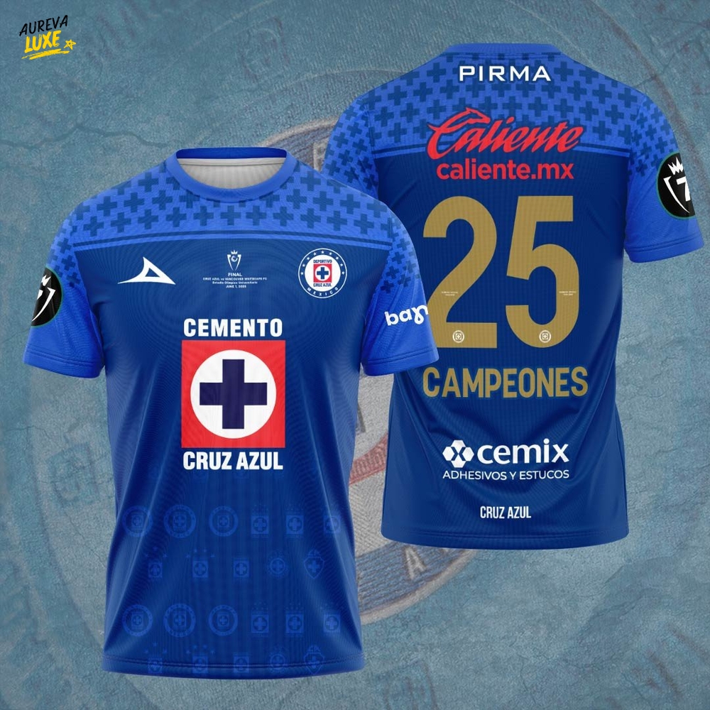 Cruz Azul Football Campeones Concacaf Champions Cup Torneo 2025 Blue 3D Tshirt Cruz Azul Football Campeones Concacaf Champions Cup Torneo 2025 Blue 3D Tshirt