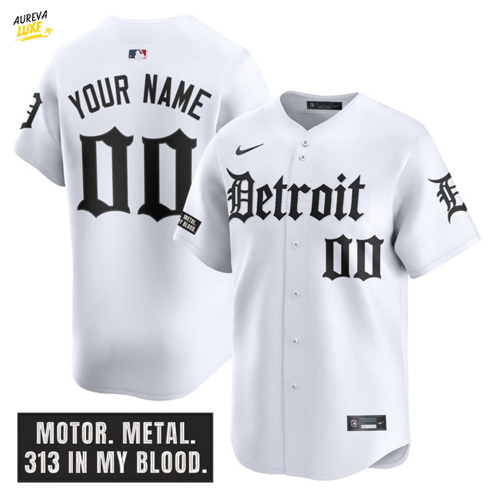 Detroit Tigers "Motor Gothic Edition" Personalized Baseball Jersey - White Detroit Tigers "Motor Gothic Edition" Personalized Baseball Jersey - White