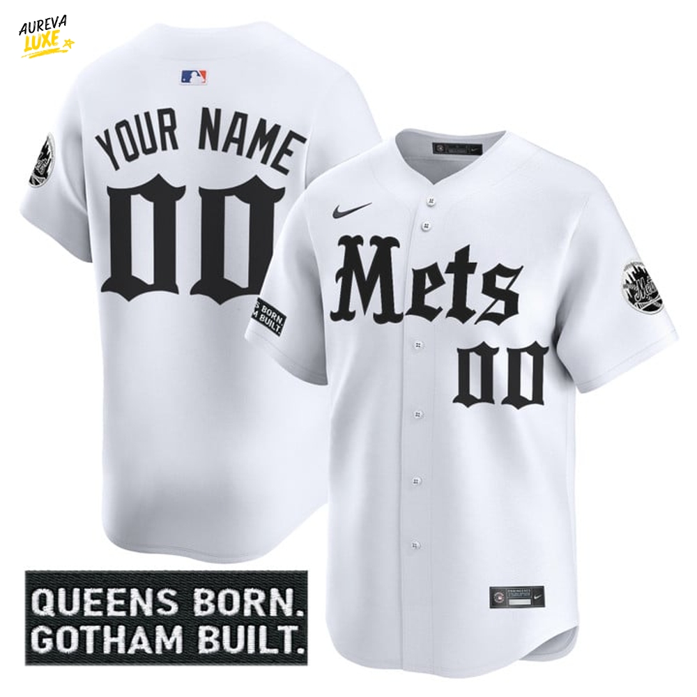 New York Mets Gothic Legacy Edition "Queens Born Gotham Build" Special Baseball Jersey - White New York Mets Gothic Legacy Edition "Queens Born Gotham Build" Special Baseball Jersey - White