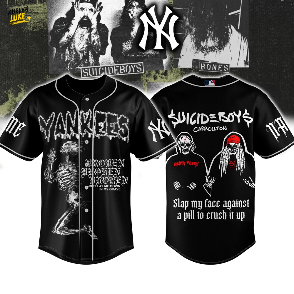 New York Yankees x Suicideboys "Broken Just Lay Me Down In My Grave" Personalized Baseball Jersey New York Yankees x Suicideboys "Broken Just Lay Me Down In My Grave" Personalized Baseball Jersey