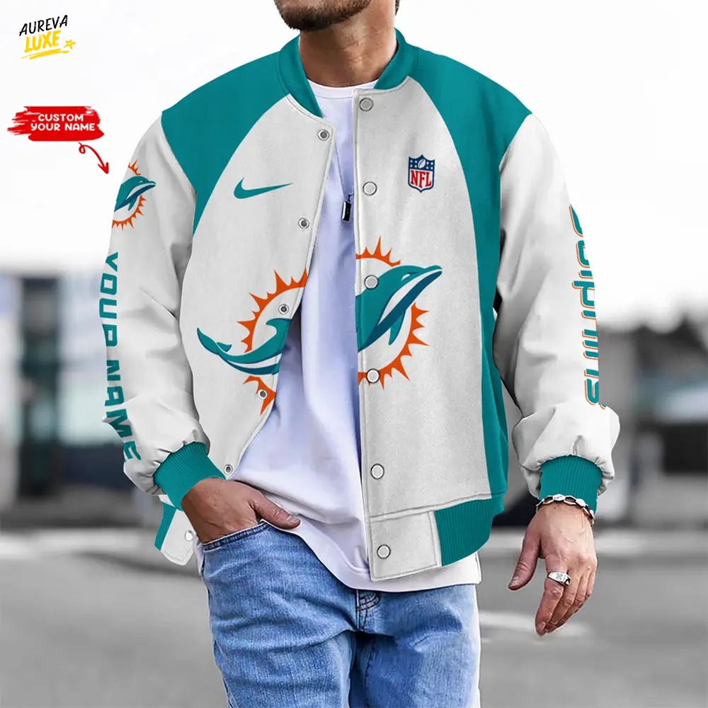 Nfl Miami Dolphins Bomber Jacket Button Down Baseball Varsity Nfl Miami Dolphins Bomber Jacket Button Down Baseball Varsity