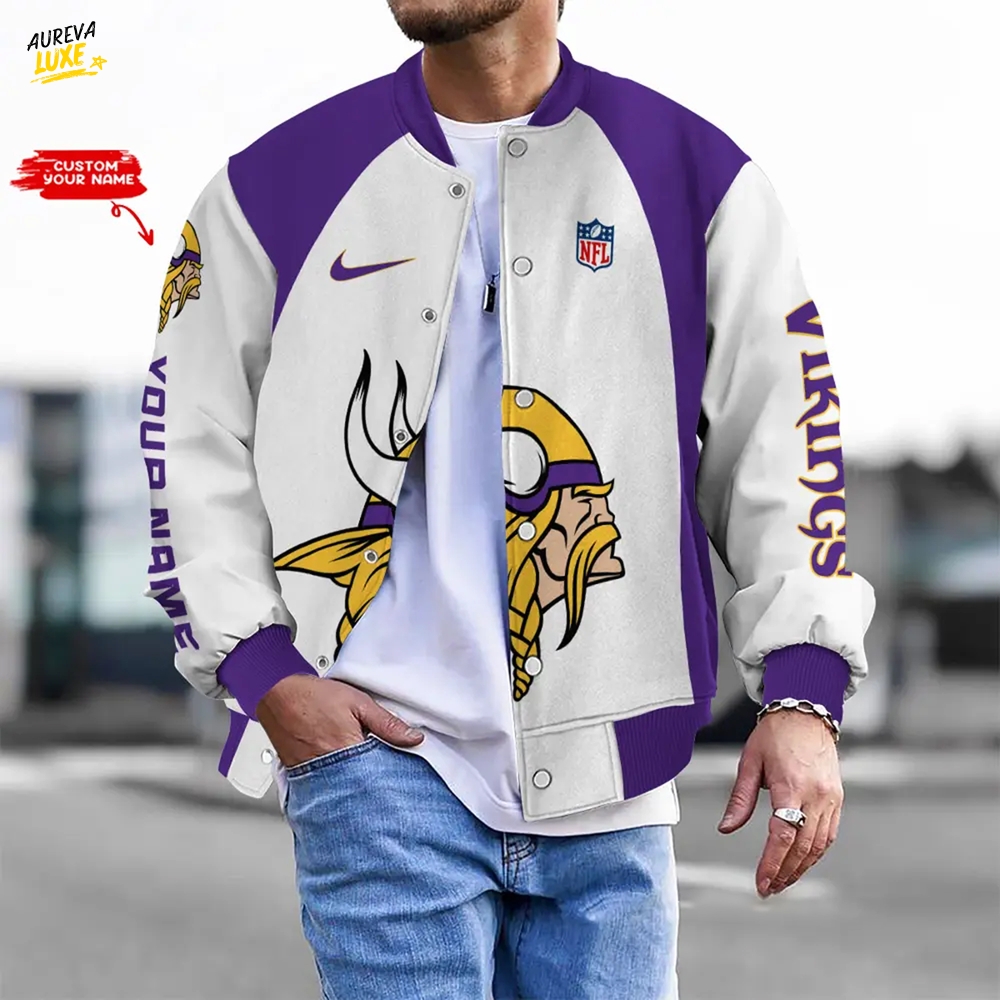 Nfl Minnesota Vikings Bomber Jacket Button Down Baseball Varsity Nfl Minnesota Vikings Bomber Jacket Button Down Baseball Varsity