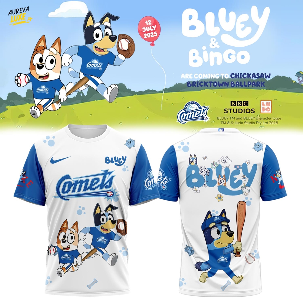 Oklahoma City Comets Bluey and Bingo 2025 New White Tshirt Oklahoma City Comets Bluey and Bingo 2025 New White Tshirt