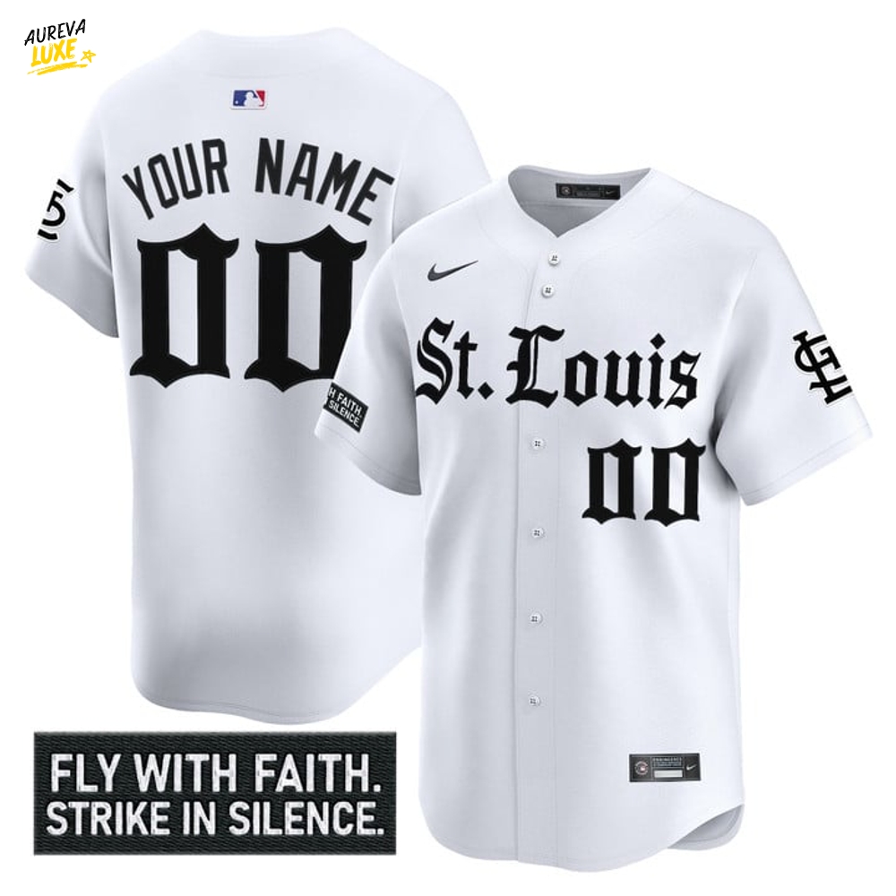 St. Louis Cardinals Gothic Legacy Edition "Fly With Faith Strike in Silence" Baseball Jersey - White St. Louis Cardinals Gothic Legacy Edition "Fly With Faith Strike in Silence" Baseball Jersey - White