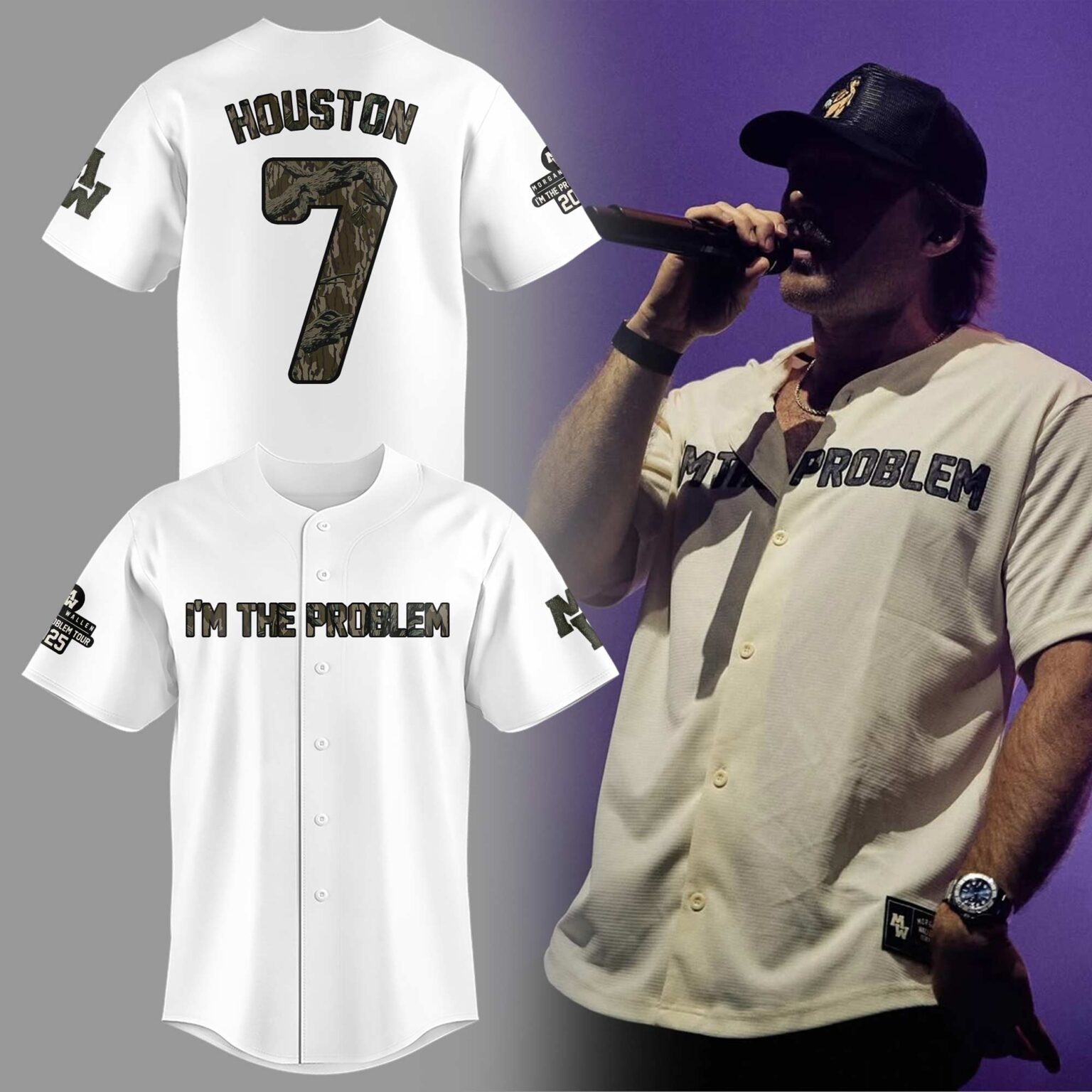 Morgan Wallen "I'm the Problem Tour" Live in Houston Special White Baseball Jersey Morgan Wallen "I'm the Problem Tour" Live in Houston Special White Baseball Jersey