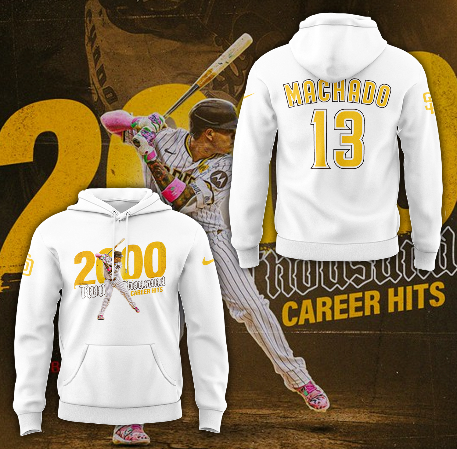San Diego Padres Machado 2000 Career Hits Hoodie - White San Diego Padres Machado 2000 Career Hits Hoodie - White