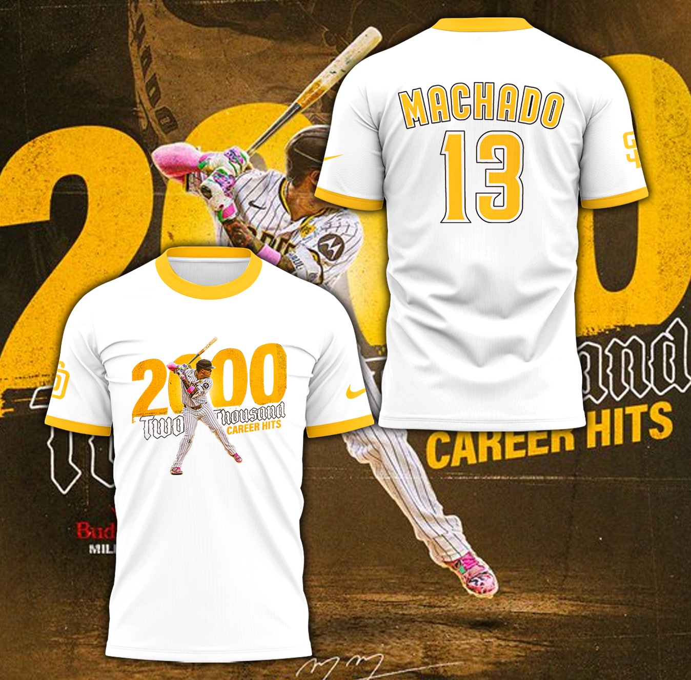 San Diego Padres Machado 2000 Career Hits T-Shirt - White San Diego Padres Machado 2000 Career Hits T-Shirt - White