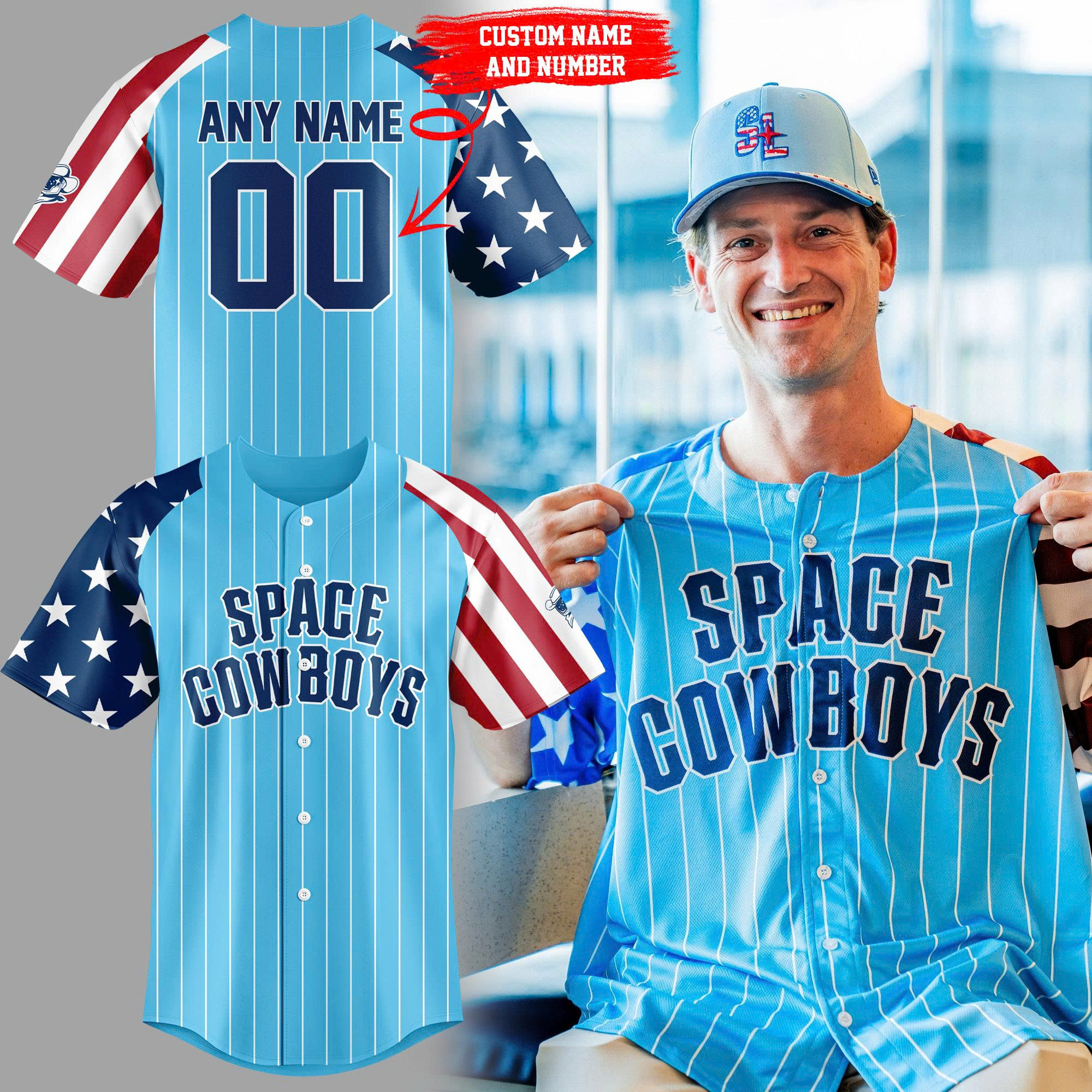 Sugar Land Space Cowboys 4th of July Patriotic Custom Baseball Jersey Sugar Land Space Cowboys 4th of July Patriotic Custom Baseball Jersey
