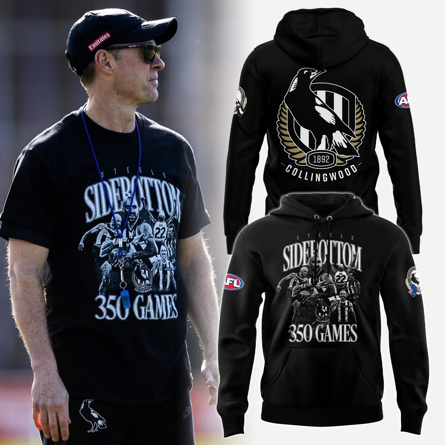 Collingwood Magpies Steele Sidebottom 350 Game Limited Edition Hoodie Collingwood Magpies Steele Sidebottom 350 Game Limited Edition Hoodie