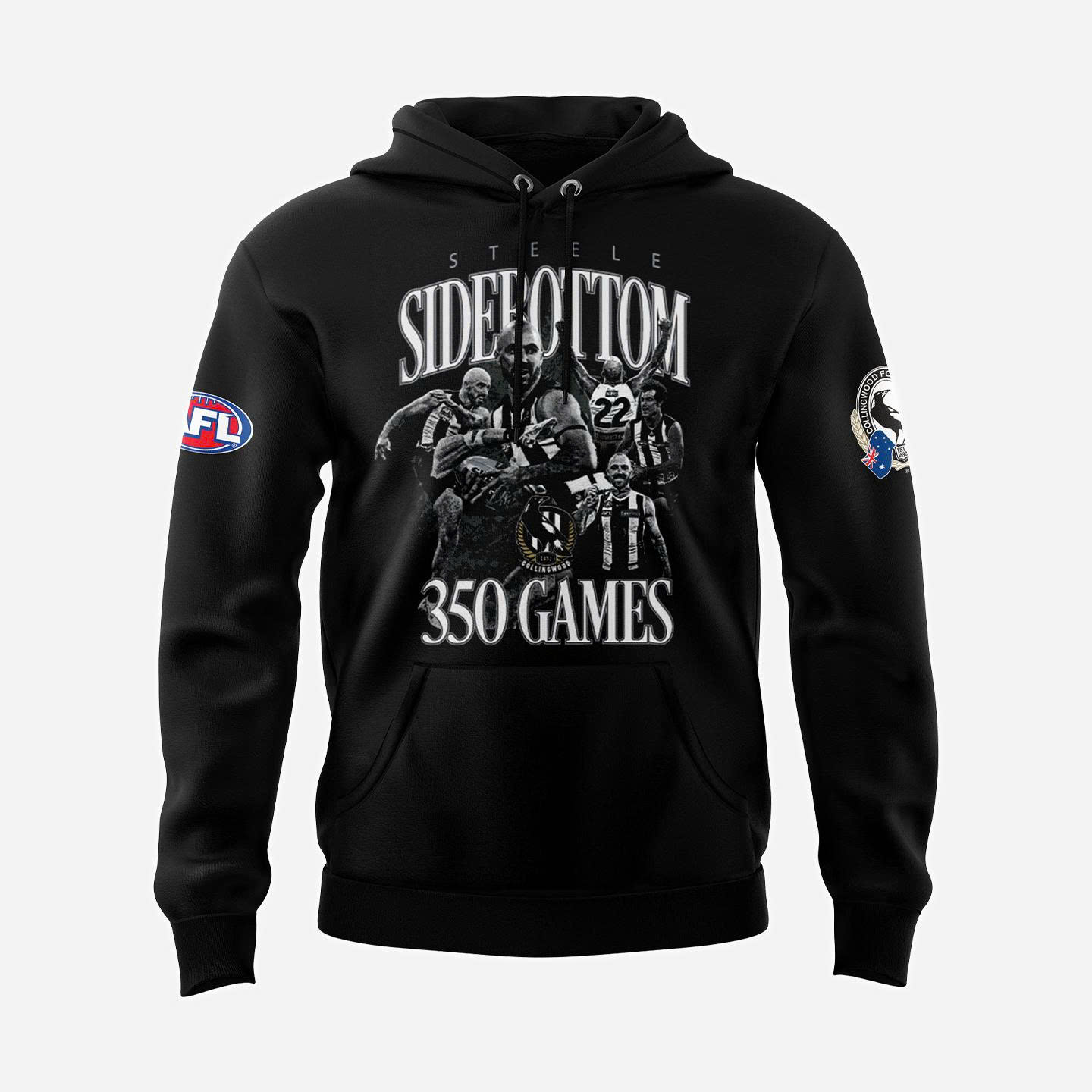Collingwood Magpies Steele Sidebottom 350 Game Limited Edition Hoodie Collingwood Magpies Steele Sidebottom 350 Game Limited Edition Hoodie
