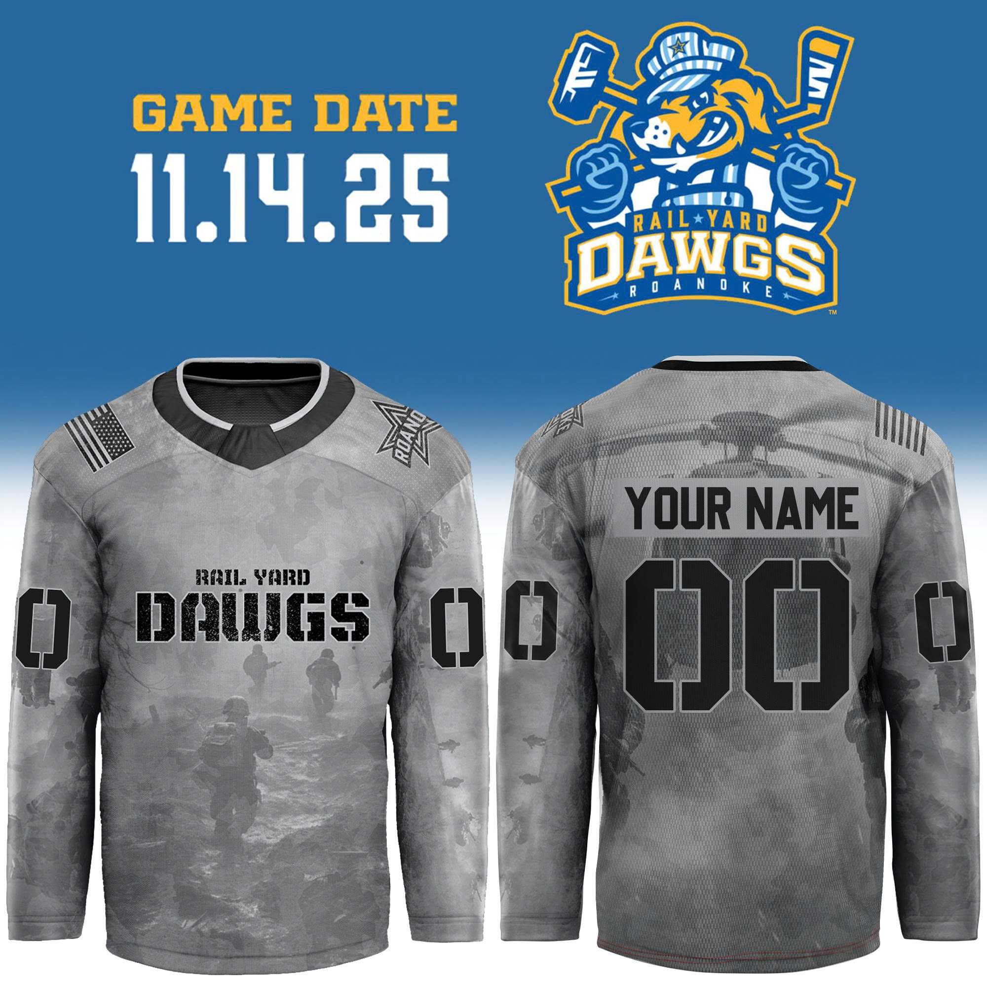 Roanoke Rail Yard Dawgs x Military Night 2025 Custom Hockey Jersey Roanoke Rail Yard Dawgs x Military Night 2025 Custom Hockey Jersey