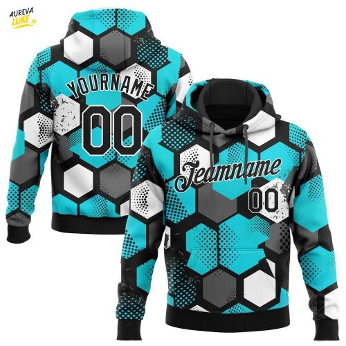 Custom Aqua Black White Pattern Design Sports Pullover Hoodie