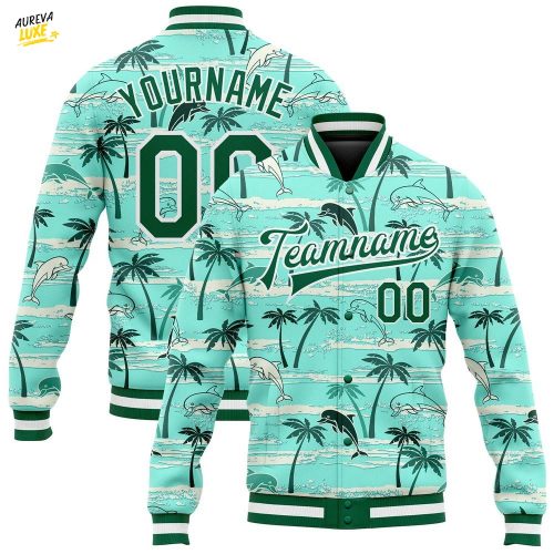 Custom Aqua Kelly Green-White Hawaii Palm Trees Varsity Letterman Jacket