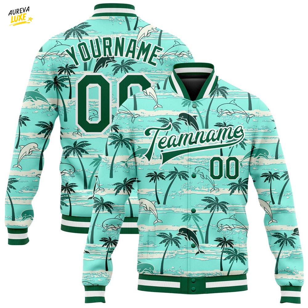Custom Aqua Kelly Green-White Hawaii Palm Trees Varsity Letterman Jacket Custom Aqua Kelly Green-White Hawaii Palm Trees Varsity Letterman Jacket
