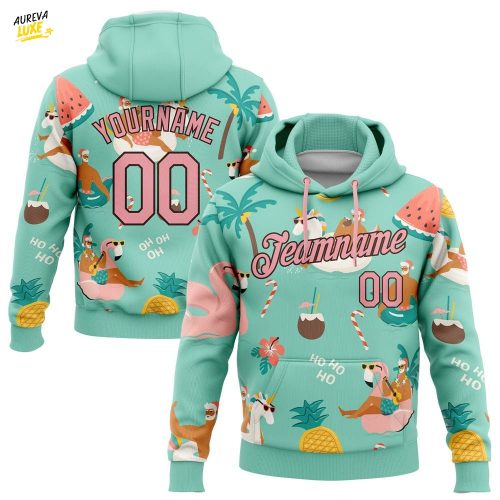 Custom Aqua Medium Pink Brown Tropical Christmas Santas With Reindeers And Flamingos Sports Pullover Hoodie