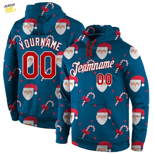 Custom Aqua Red White Christmas Sports Pullover Hoodie