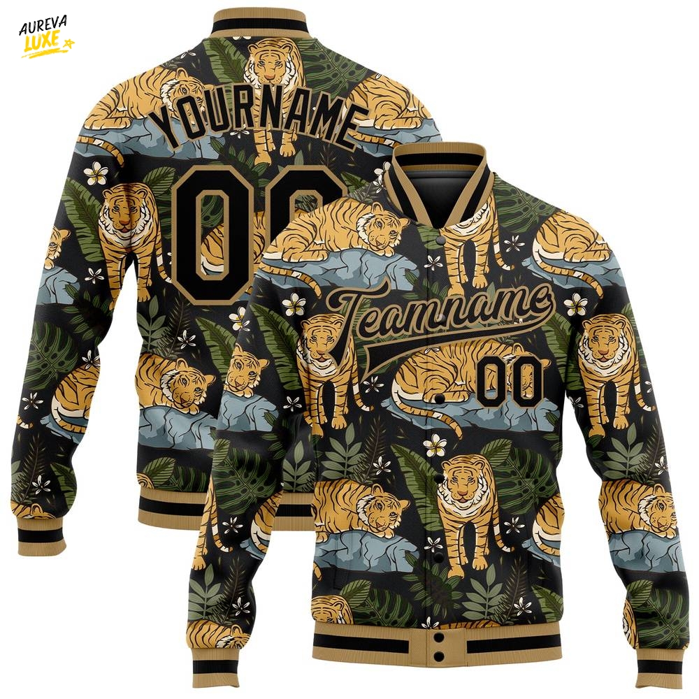 Custom Black Old Gold Tropical Tiger With Palms Varsity Letterman Jacket Custom Black Old Gold Tropical Tiger With Palms Varsity Letterman Jacket