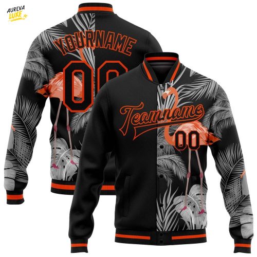 Custom Black Orange Gray Flamingo And Tropical Hawaii Palm Plants Varsity Letterman Jacket