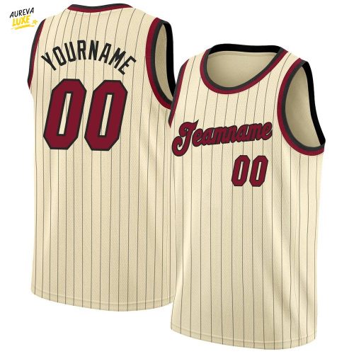 Custom Cream Black Pinstripe Maroon Black Basketball Jersey