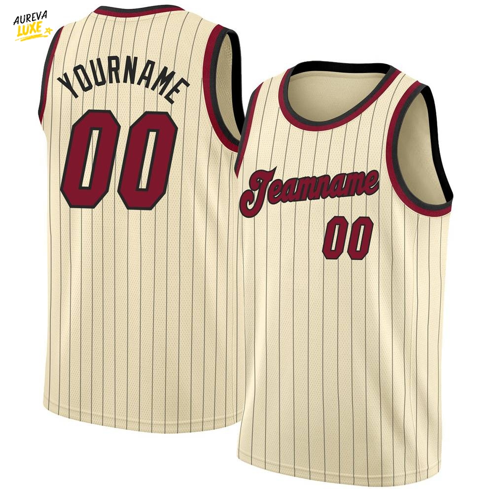 Custom Cream Black Pinstripe Maroon Black Basketball Jersey