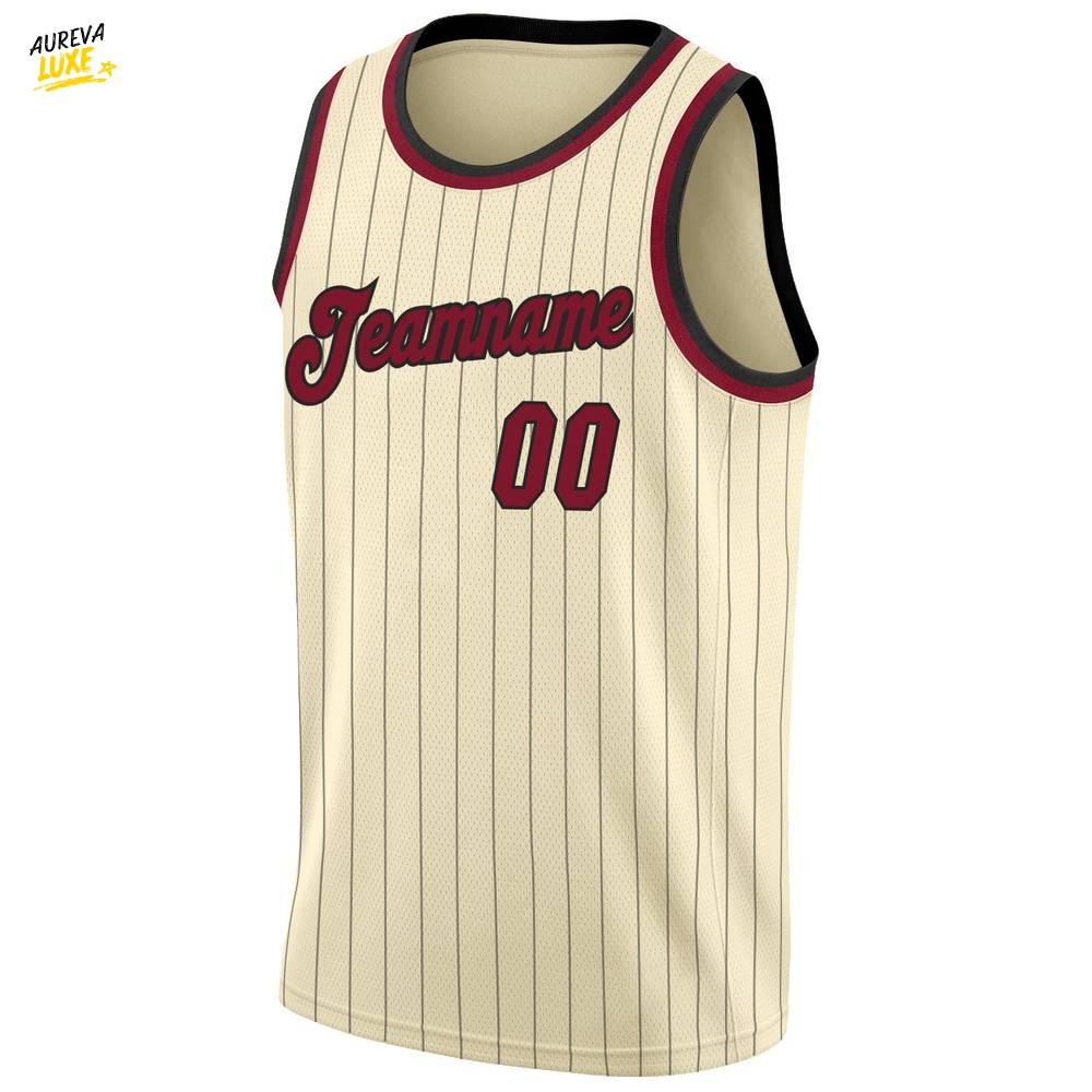 Custom Cream Black Pinstripe Maroon Black Basketball Jersey