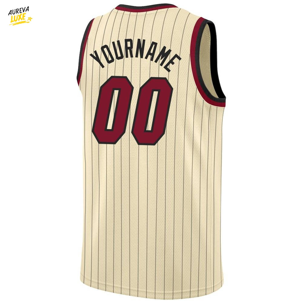Custom Cream Black Pinstripe Maroon Black Basketball Jersey