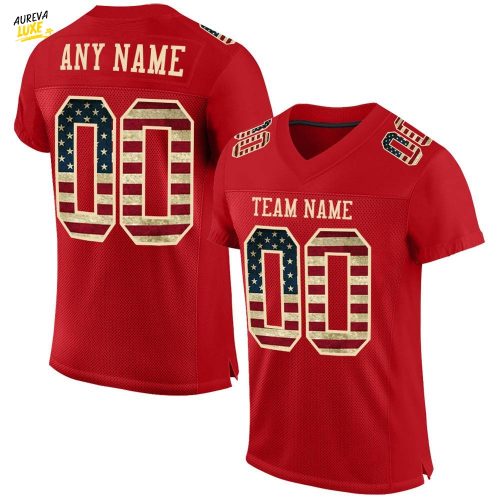 Custom Red Vintage USA Flag City Cream Football Jersey