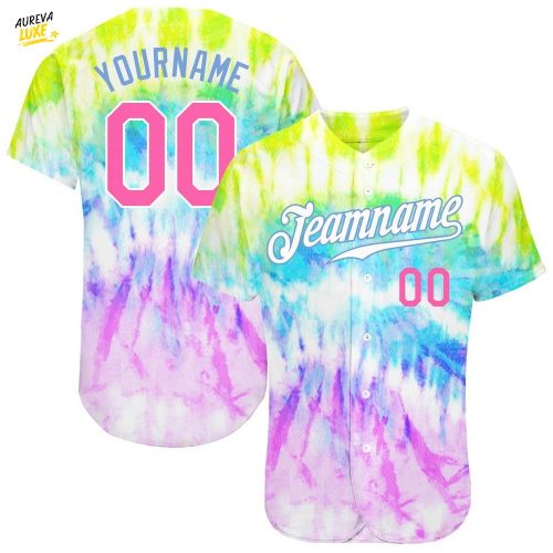 Custom Tie Dye Pink Light Blue 3D Rainbow Authentic Baseball Jersey