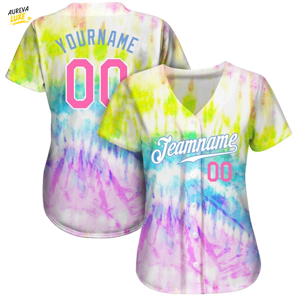 Custom Tie Dye Pink Light Blue 3D Rainbow Authentic Baseball Jersey Custom Tie Dye Pink Light Blue 3D Rainbow Authentic Baseball Jersey