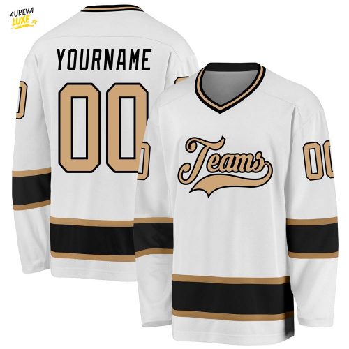 Custom White Old Gold Black Hockey Jersey