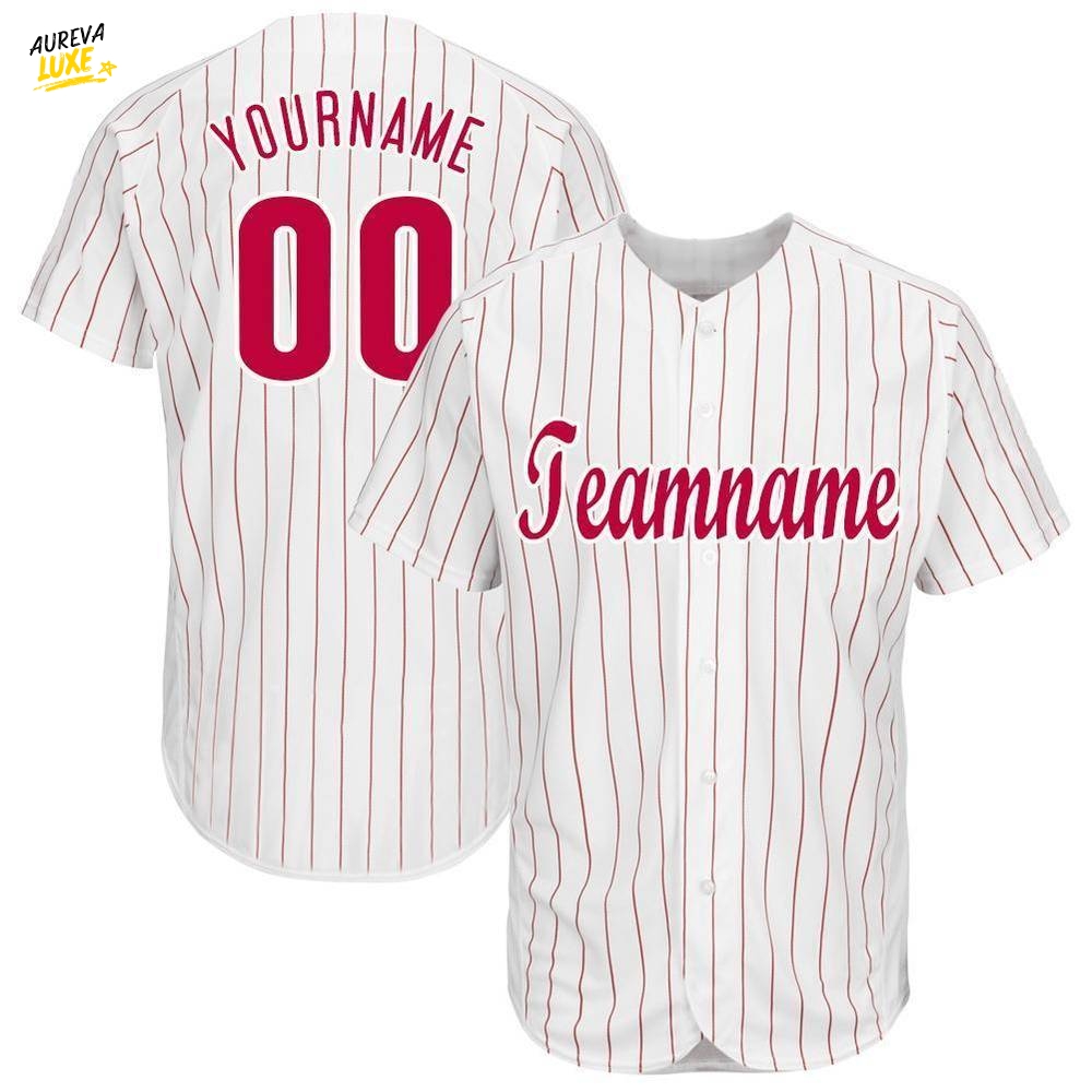 Custom White Red Pinstripe Red White Baseball Jersey Custom White Red Pinstripe Red White Baseball Jersey