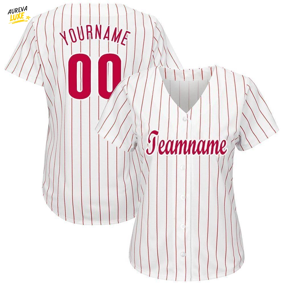 Custom White Red Pinstripe Red White Baseball Jersey Custom White Red Pinstripe Red White Baseball Jersey