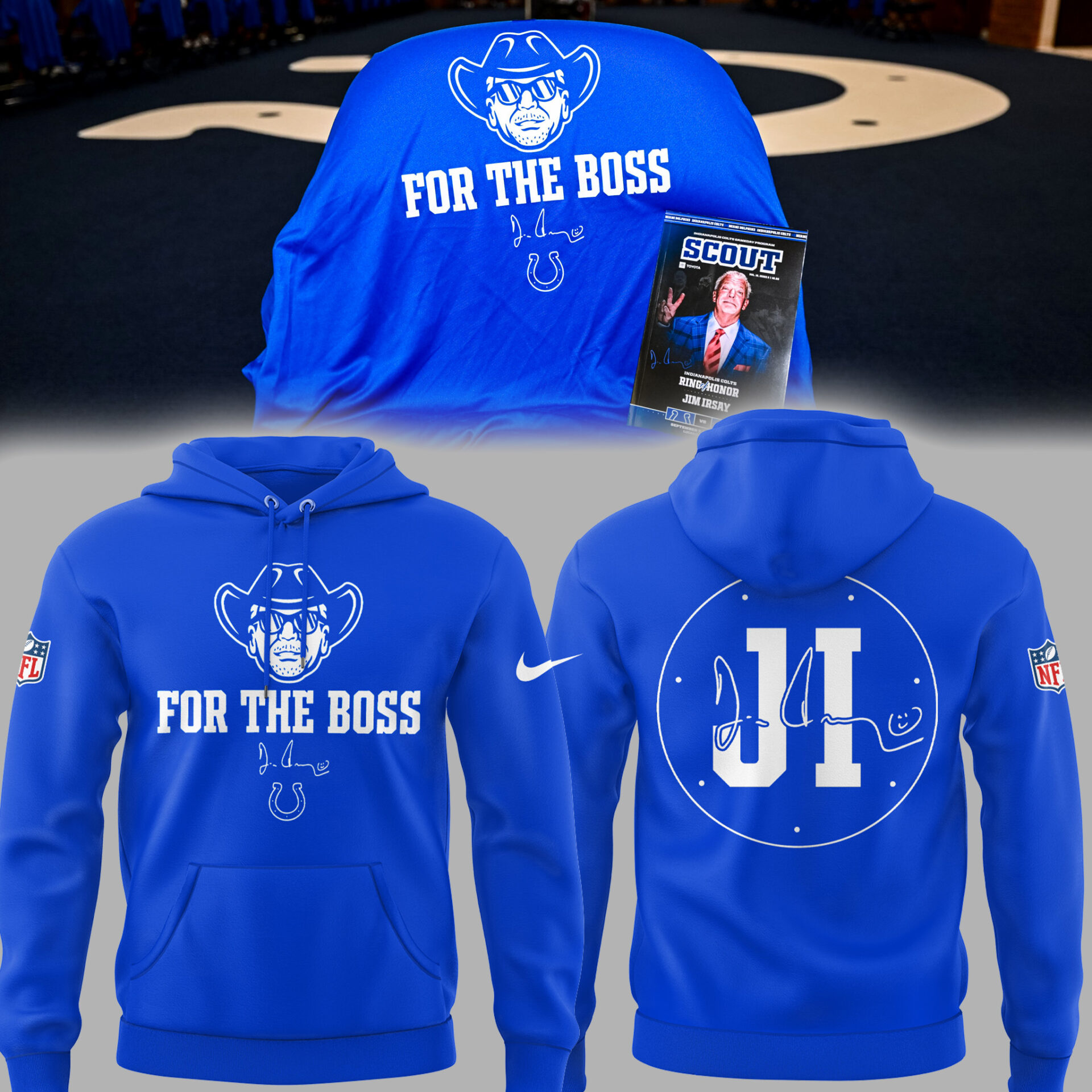Indianapolis Colts In honor of Jim âÂÂFor The Bossâ Blue Hoodie, Cap Indianapolis Colts In honor of Jim âÂÂFor The Bossâ Blue Hoodie, Cap
