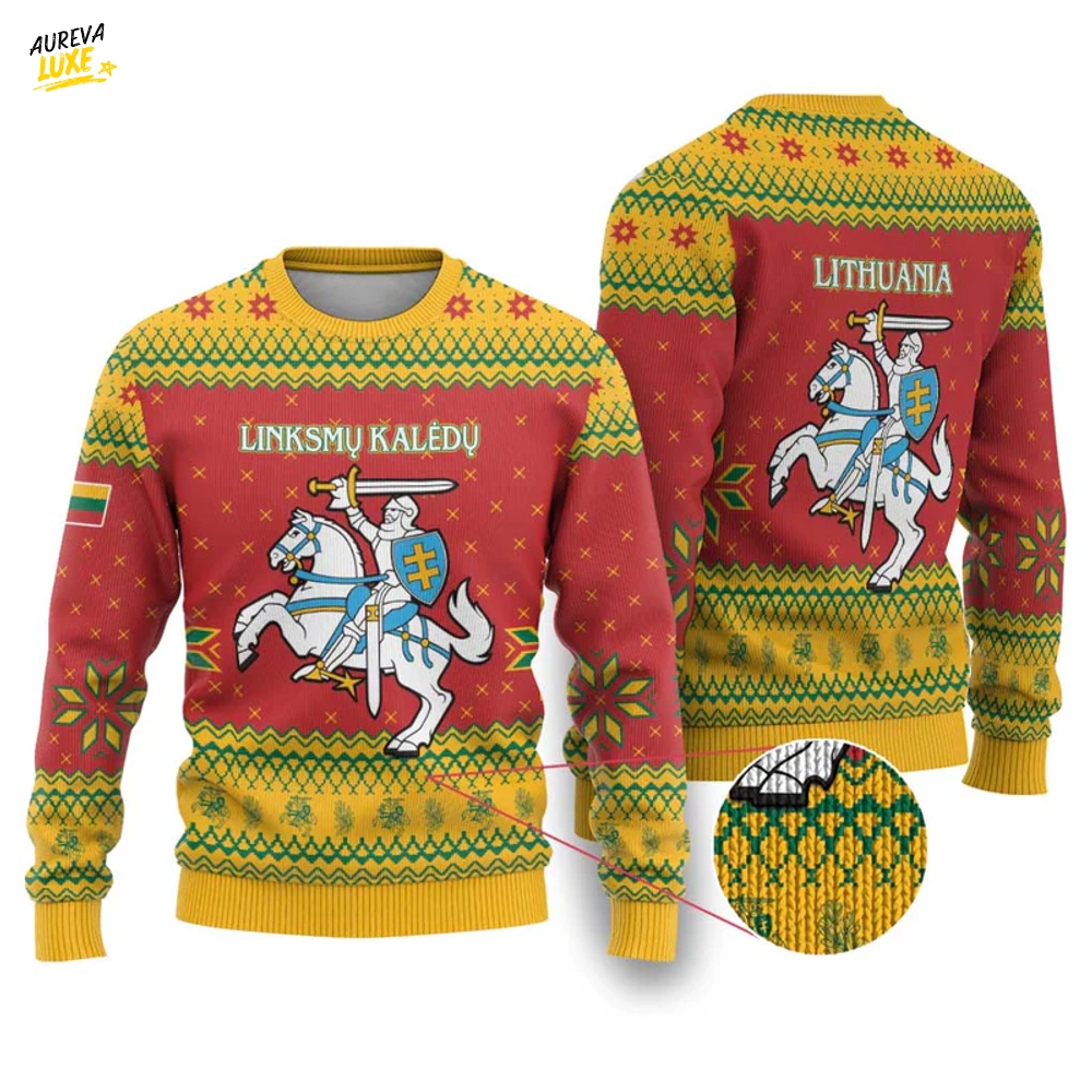 Lithuania Christmas Ugly Christmas Sweater Coat Of Arms Linksmu Kaledu Lithuania Christmas Ugly Christmas Sweater Coat Of Arms Linksmu Kaledu