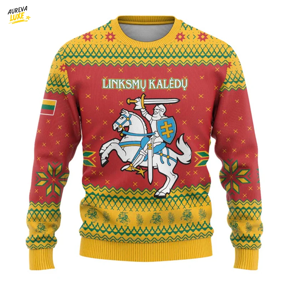 Lithuania Christmas Ugly Christmas Sweater Coat Of Arms Linksmu Kaledu Lithuania Christmas Ugly Christmas Sweater Coat Of Arms Linksmu Kaledu