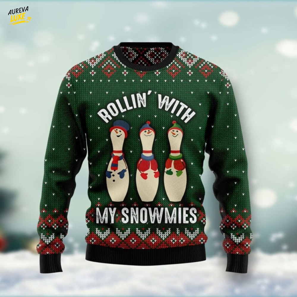 Bowling Rollin’ With My Snowmies Ugly Christmas Sweater Bowling Rollin’ With My Snowmies Ugly Christmas Sweater