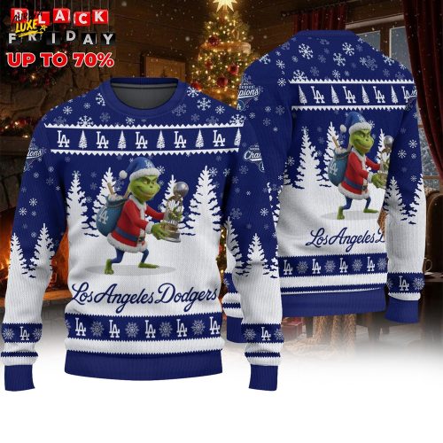 Dodgers Holiday Sweater – Grinch Holding Trophy, Winter Ugly Xmas Knit