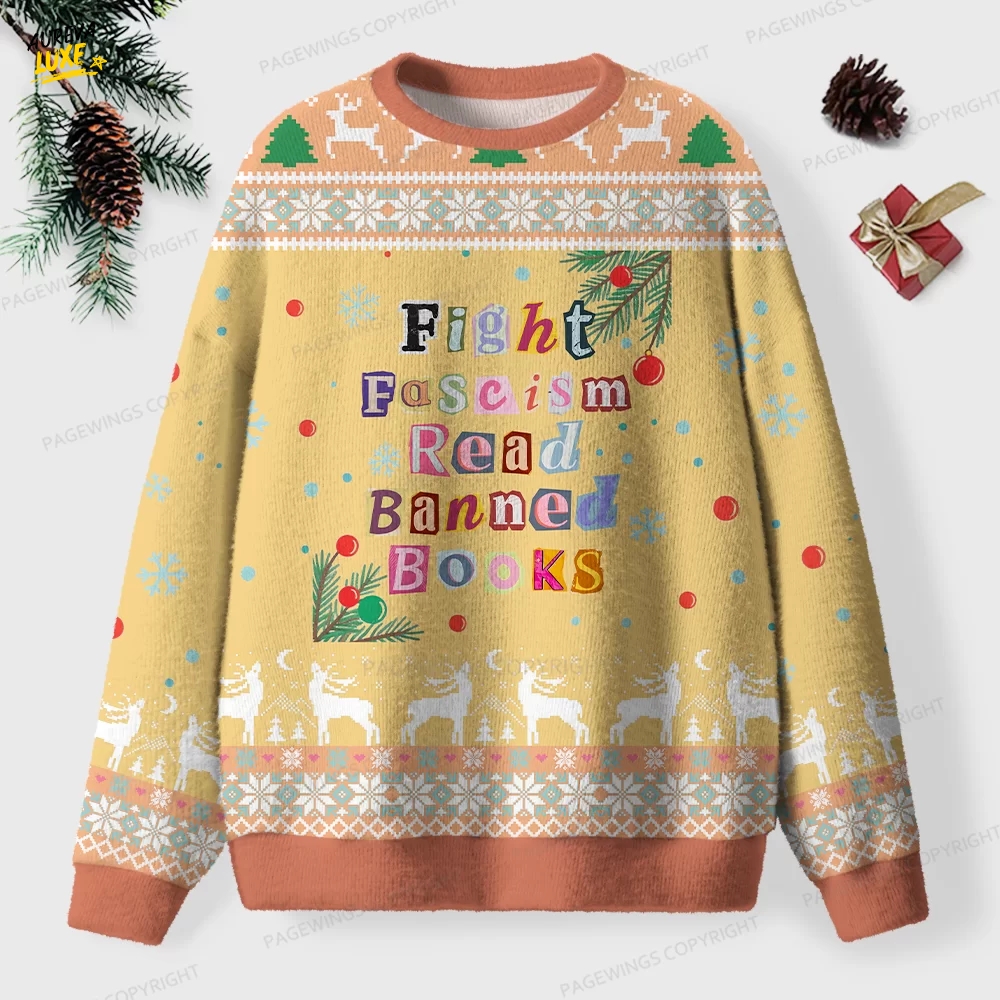 Fight Fascism Read Banned Books Unisex Ugly Knit Christmas Sweater Fight Fascism Read Banned Books Unisex Ugly Knit Christmas Sweater